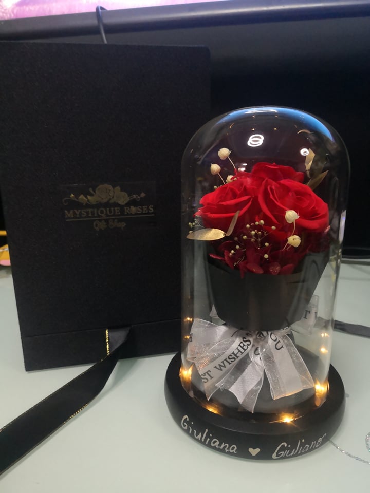 Red Preserved Rose Real Flower in Glass Dome with Lights Best Gift Free Engrave