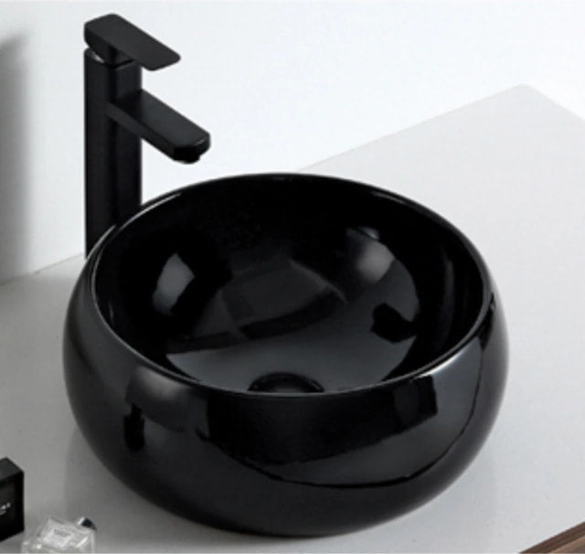 Glossy Black Porcelain Round Basin with Matte Black Tap