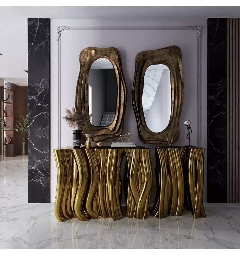 Luxury Italian Design Console Table Electroplated in Gold Stainless Steel Artistic