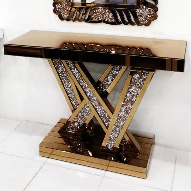 Golden Console Table Hallway Modern furniture mirrored console table with crushed diamond