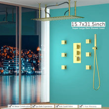 Charger l'image dans la galerie, 16 Inches Brushed Gold Bathroom Shower System LED Rainfall Shower Combo Set Wall Mounted
