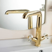 Load image into Gallery viewer, Deck Mounted Dual Crystal Handle Golden Basin Faucet on Stage Basin Sink