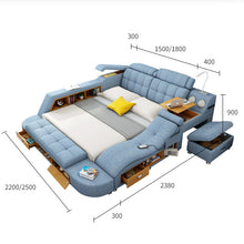 Load image into Gallery viewer, Queen Size Fabric Bed with Bluetooth Speaker with body massage chair Storage Shelf with Laptop Table