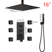 Charger l'image dans la galerie, 16" Black Shower Set Rain Shower Heads 6 Body Massage Jets Mixer Display Control Valve Tap Hand Shower