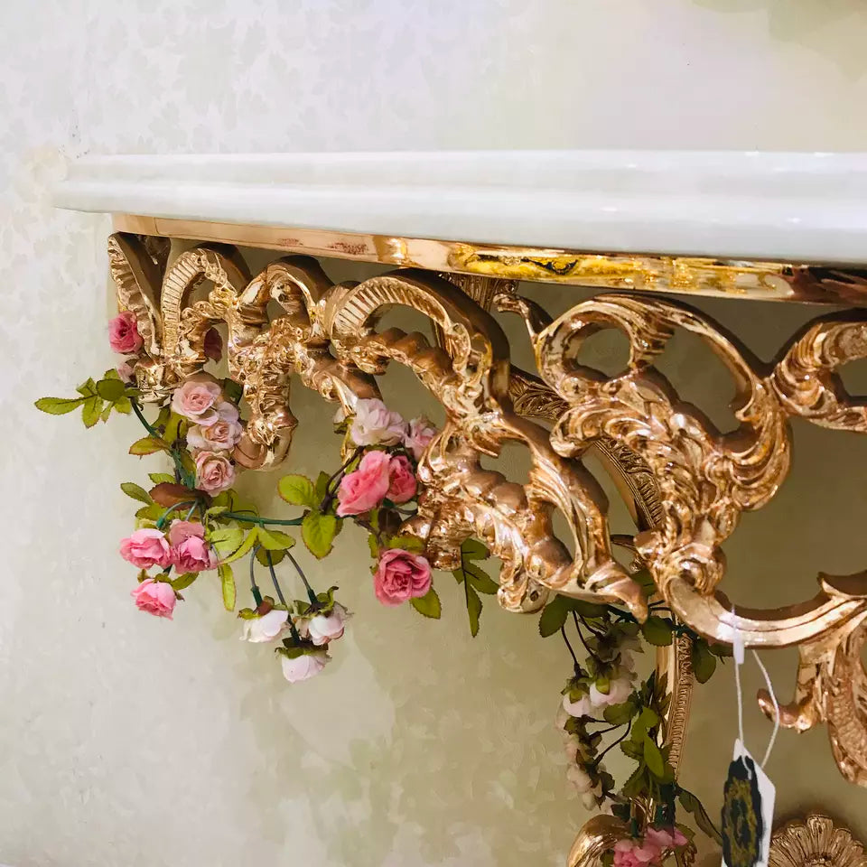 French Deluxe Palace-style Vintage Marble-topped Golden Copper Console With Holway Matching Wall Mirror