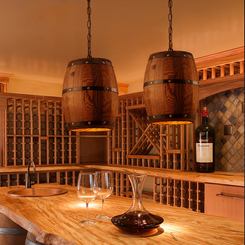 Industrial Rustic Vintage LED Retro Hanging Cask Wooden Wine Barrel Bucket Lamp Chandelier Pendant Lights for Bar