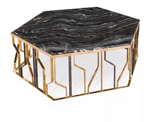 Cargar imagen en el visor de la galería, High quality luxury black marble top coffee table with gold stainless steel legs hexagon coffee center table