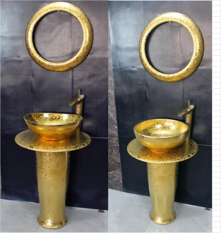 Porcelain gold hand washing pedestal sink basin with pedestal