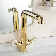Load image into Gallery viewer, Deck Mounted Dual Crystal Handle Golden Basin Faucet on Stage Basin Sink