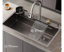 Cargar imagen en el visor de la galería, New Black Nanometer Handmade Raindance 304 Stainless Steel Above Mount Waterfall Faucet Farmhouse Kitchen Sinks