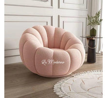 Load image into Gallery viewer, Boconcept Cream White Channeled Pumpkin Shaped Boucle Swivel Lounge Chair With Footstool
