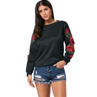 Ladies Women Korean Floral Sweater Pullover Jacket Black Long Sleeve Sweatshirt from Singapore