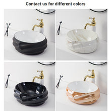 Load image into Gallery viewer, Decorative Oval Countertop Bathroom Sink White and Gold Porcelain Art Basin Hand Face Wash Basin for Hotel Vanity