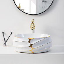Load image into Gallery viewer, Decorative Oval Countertop Bathroom Sink White and Gold Porcelain Art Basin Hand Face Wash Basin for Hotel Vanity