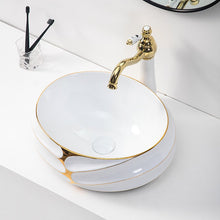 Load image into Gallery viewer, Decorative Oval Countertop Bathroom Sink White and Gold Porcelain Art Basin Hand Face Wash Basin for Hotel Vanity