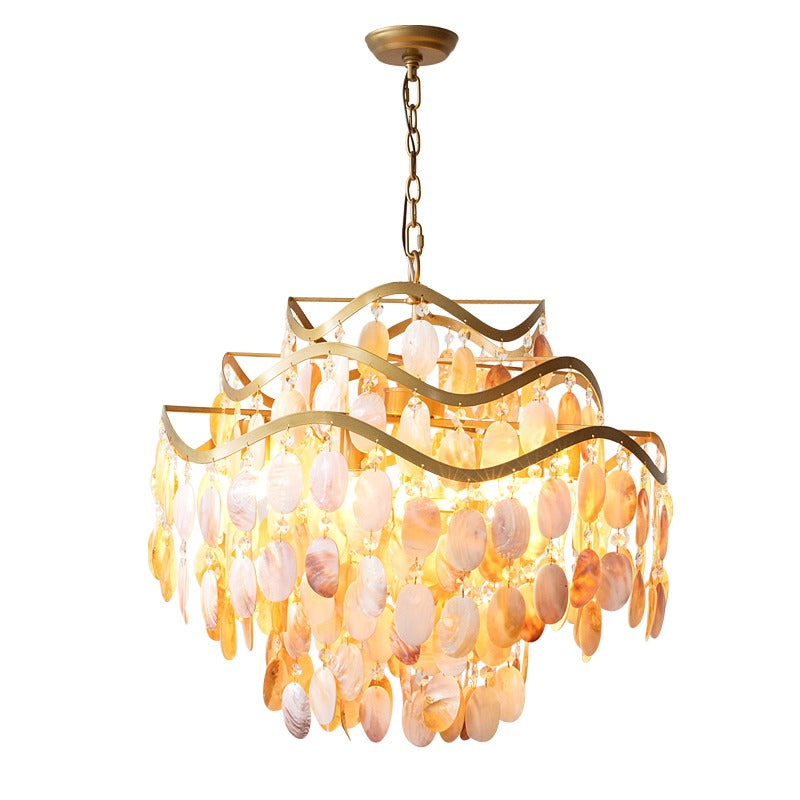 Living room bedroom modern golden pendant lights natural shell decorated round luxury k9 crystal chandelier "Price depends on the size you need"