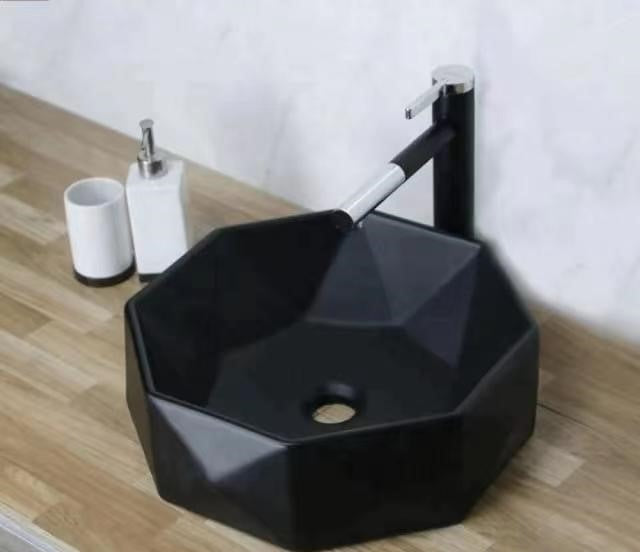 Porcelain Black Basin Round Diamond Sink for Bathroom