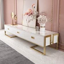 Load image into Gallery viewer, Modern light luxury three draw four draw tempered glass surface and stainless steel titanium TV cabinet