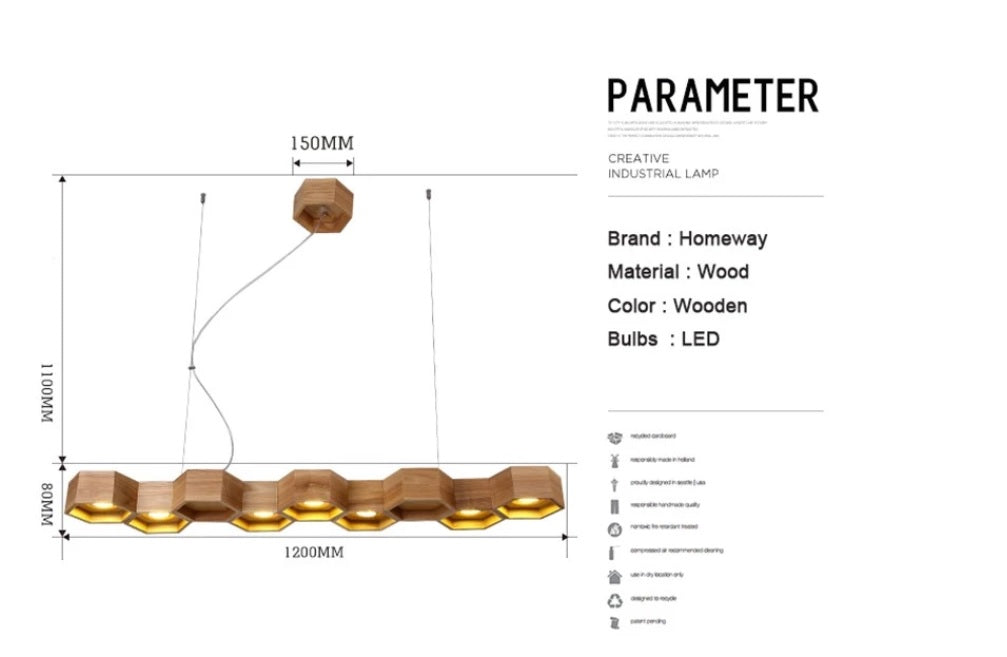 Natural Modern simple style wooden pendant lighting with Honeycomb shape LED bulbs