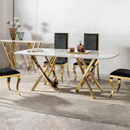 Italian Household Dining Room Furniture Golden Stainless Steel Frame Marble Top Dining Table Set Modern Luxury
