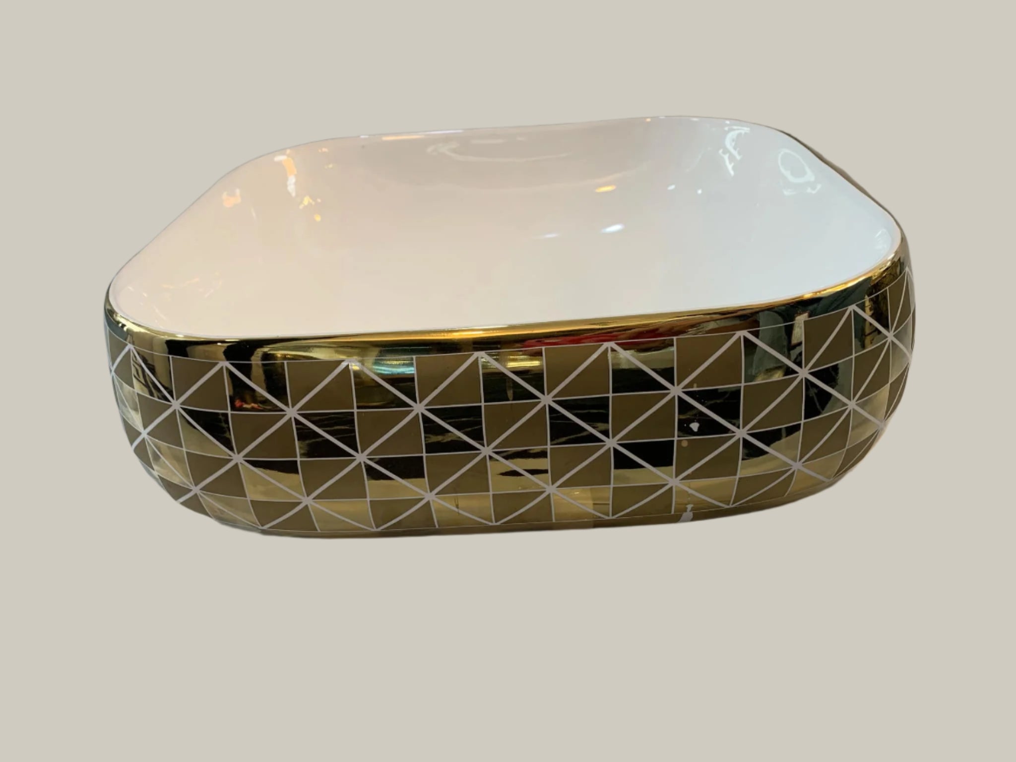 Square Ceramic Tabletop Wash Basin with Striking Gold Diamond Pattern ...