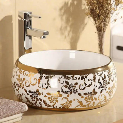 Basin Floral White and Gold Electroplated Porcelain Round Shaped Luxury Edition