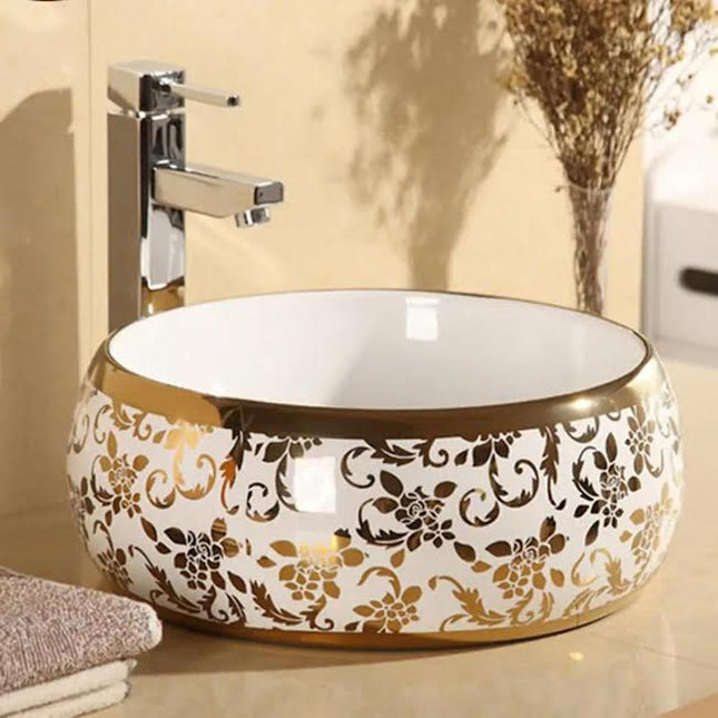 Basin Floral White and Gold Electroplated Porcelain Round Shaped Luxury Edition