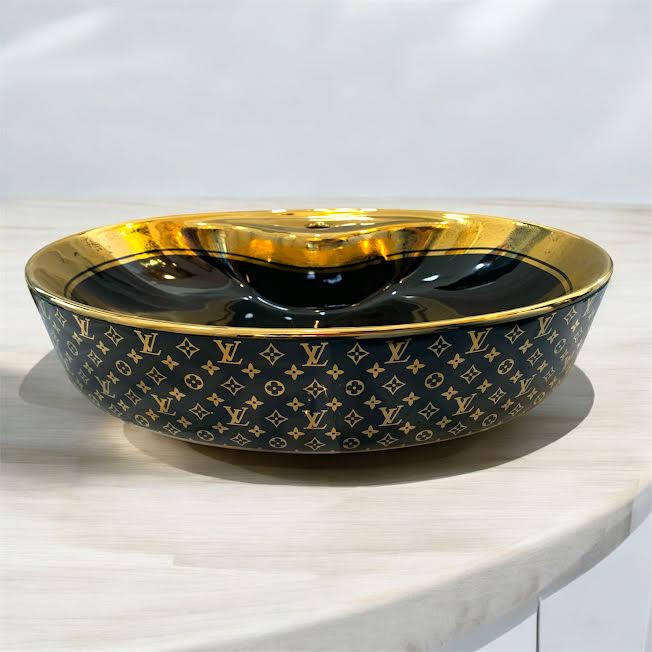 LV Iconic Oval Tabletop Wash Basin with Deep Black Interior Gleaming Gold