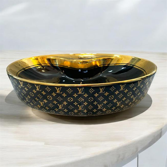 LV Iconic Oval Tabletop Wash Basin with Deep Black Interior Gleaming Gold
