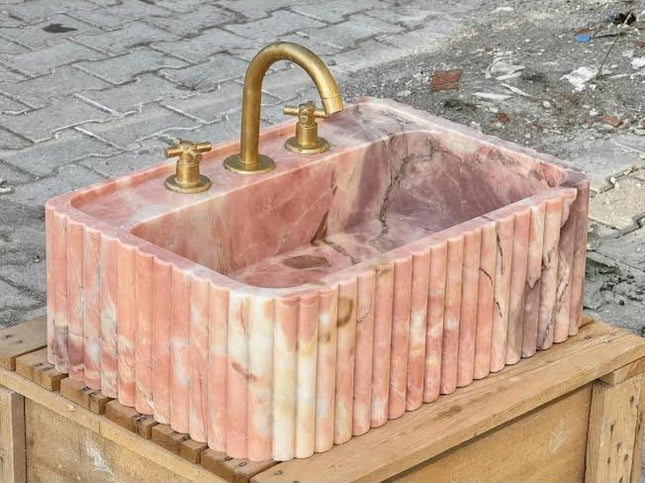 Classical Natural Stone Hand Curved Fluted Pink Rectangular Real Marble Apron Sink
