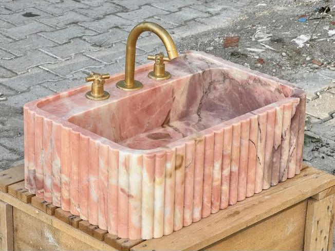 Classical Natural Stone Hand Curved Fluted Pink Rectangular Real Marble Apron Sink