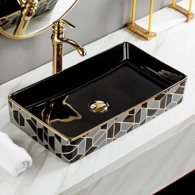 Rectangular Porcelain Tabletop Wash Basin with Deep Black Interior and Striking Geometric Pattern