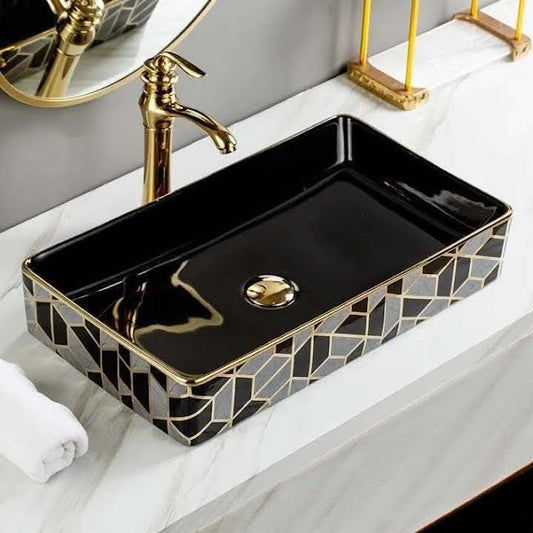 Rectangular Porcelain Tabletop Wash Basin with Deep Black Interior and Striking Geometric Pattern