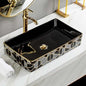 Rectangular Porcelain Tabletop Wash Basin with Deep Black Interior and Striking Geometric Pattern