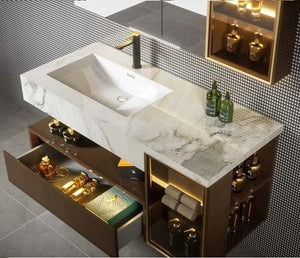 Luxury Wall-Mounted Bathroom Vanity Set with LED Mirror Cabinet, Marble Countertop & Open Shelf Storage