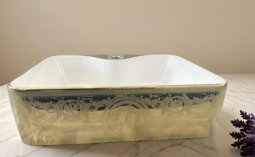 Rectangular White and Gold Basin with Detailing Iconic Medusa