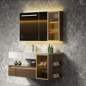 Luxury Wall-Mounted Bathroom Vanity Set with LED Mirror Cabinet, Marble Countertop & Open Shelf Storage