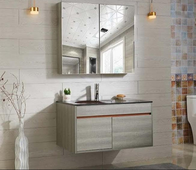 Modern Wall-Mounted Bathroom Vanity Set with Dual Mirror Cabinet, Black Basin Sink, and Sleek Gray Wood Finish with Contemporary Floating Cabinet with Storage Drawers and Chrome Faucet