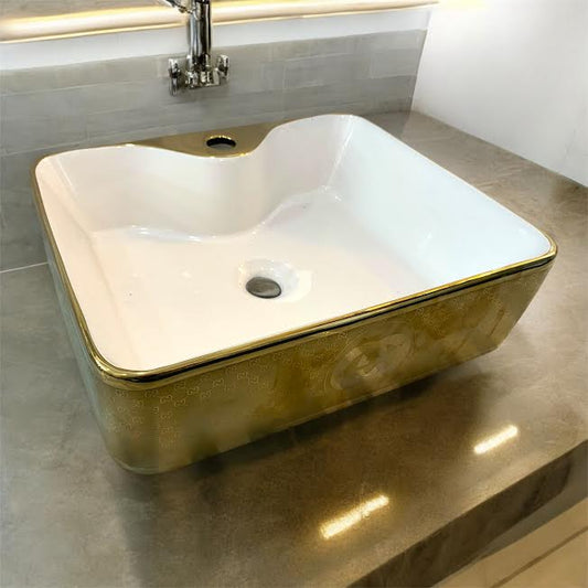 Gucci Rectangular Porcelain Tabletop Wash Basin with Gleaming Gold Finish