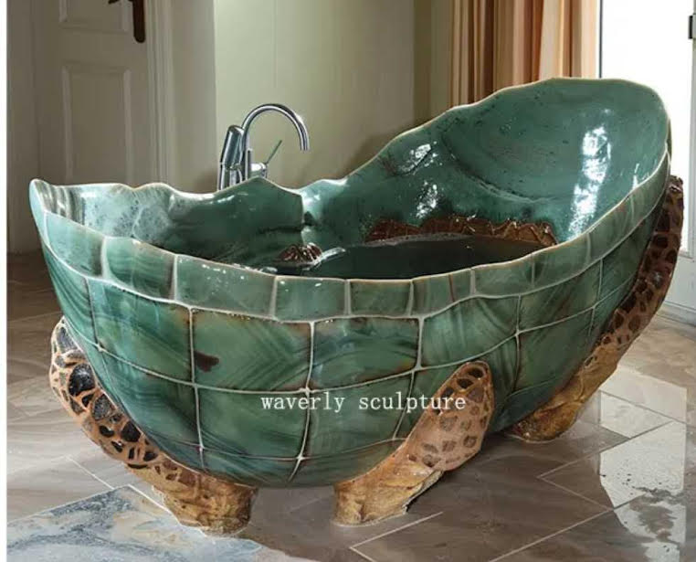 Bathtub Marble Light Green and Brown Leg Natural Stone Sculptured Luxury Art Turtle Modern Style Edition