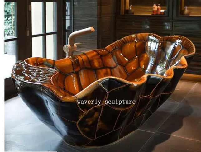 Bathtub Marble Black and Orange Natural Stone Sculptured Luxury Art Turtle Modern Style Edition