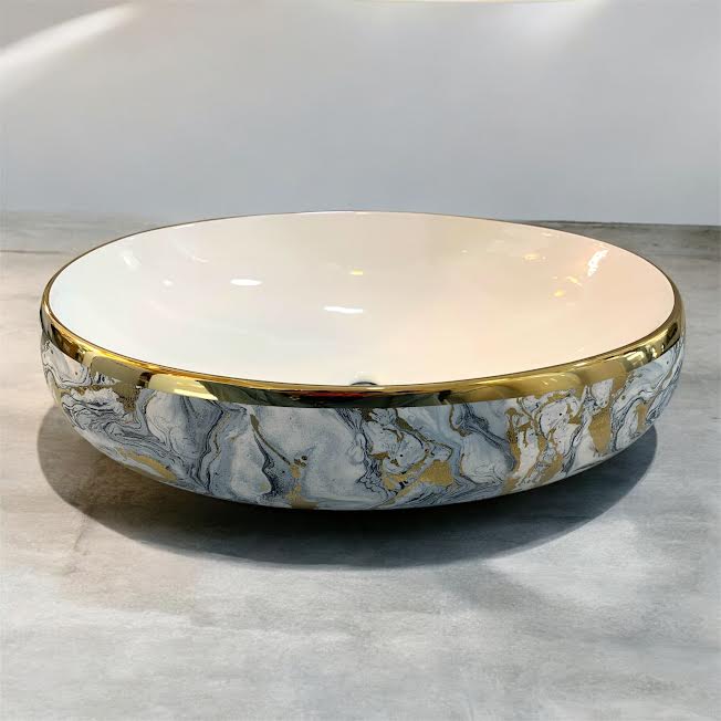 White Artistic Marble Elegance Round Tabletop Wash Basin with White Interior Gray