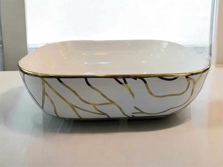 White Gold Square Porcelain Tabletop Wash Basin with Delicate Gold Vein Pattern, and Sleek Gold Trim