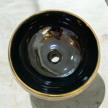 Porzellan-Tischplatte, Medusa-Rundwaschbecken, schwarz-gold galvanisierte Arbeitsplatte, moderne Ausführung