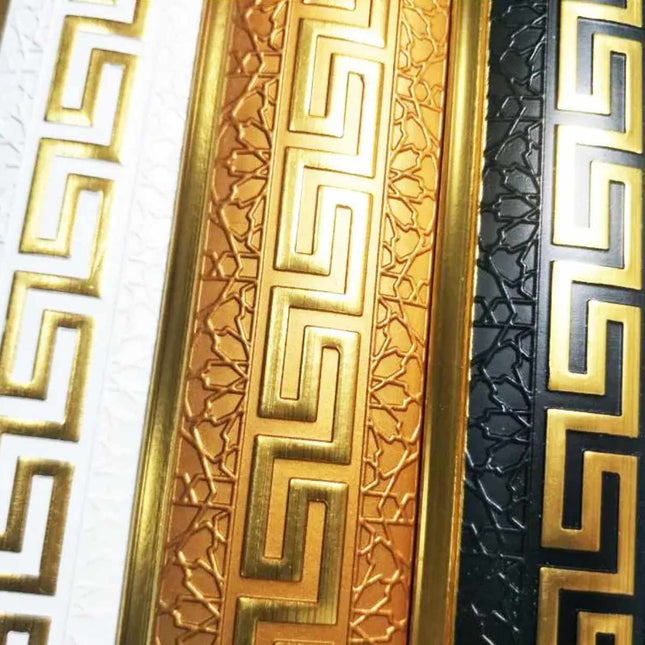 A collection of luxurious cornices made of PVC with calcium powder, in white, gold, and black colors, featuring a Greek key design.
