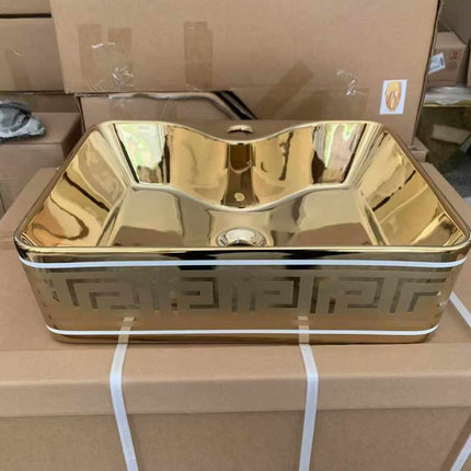 Square Pure Porcelain Gold-Plated Above-Counter Sink Versace Design – Luxury Bathroom Basin