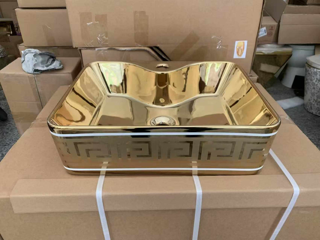 Square Pure Porcelain Gold-Plated Above-Counter Sink Versace Design – Luxury Bathroom Basin