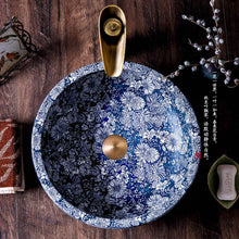 Load image into Gallery viewer, Blue &amp; White Hand-Painted Porcelain Wash Basin – Round Countertop Bathroom Sink
