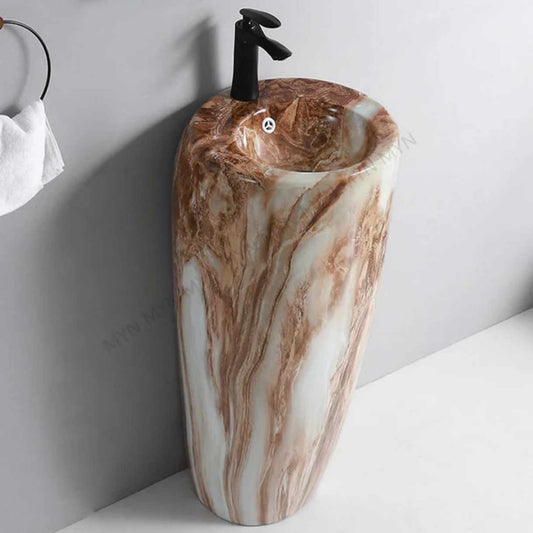 Luxury Marble Color Stone Wash Pedestal Basin Modern Sanitary Ware Bathroom Pedestal Sink Stylish Contemporary Wash Stand for Home Hotel Apartment