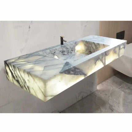 Customizable Onyx Stone Installation with Integrated LED Lighting – Available as Hanging Feature or with Cabinet Set for Elegant Interior Accents